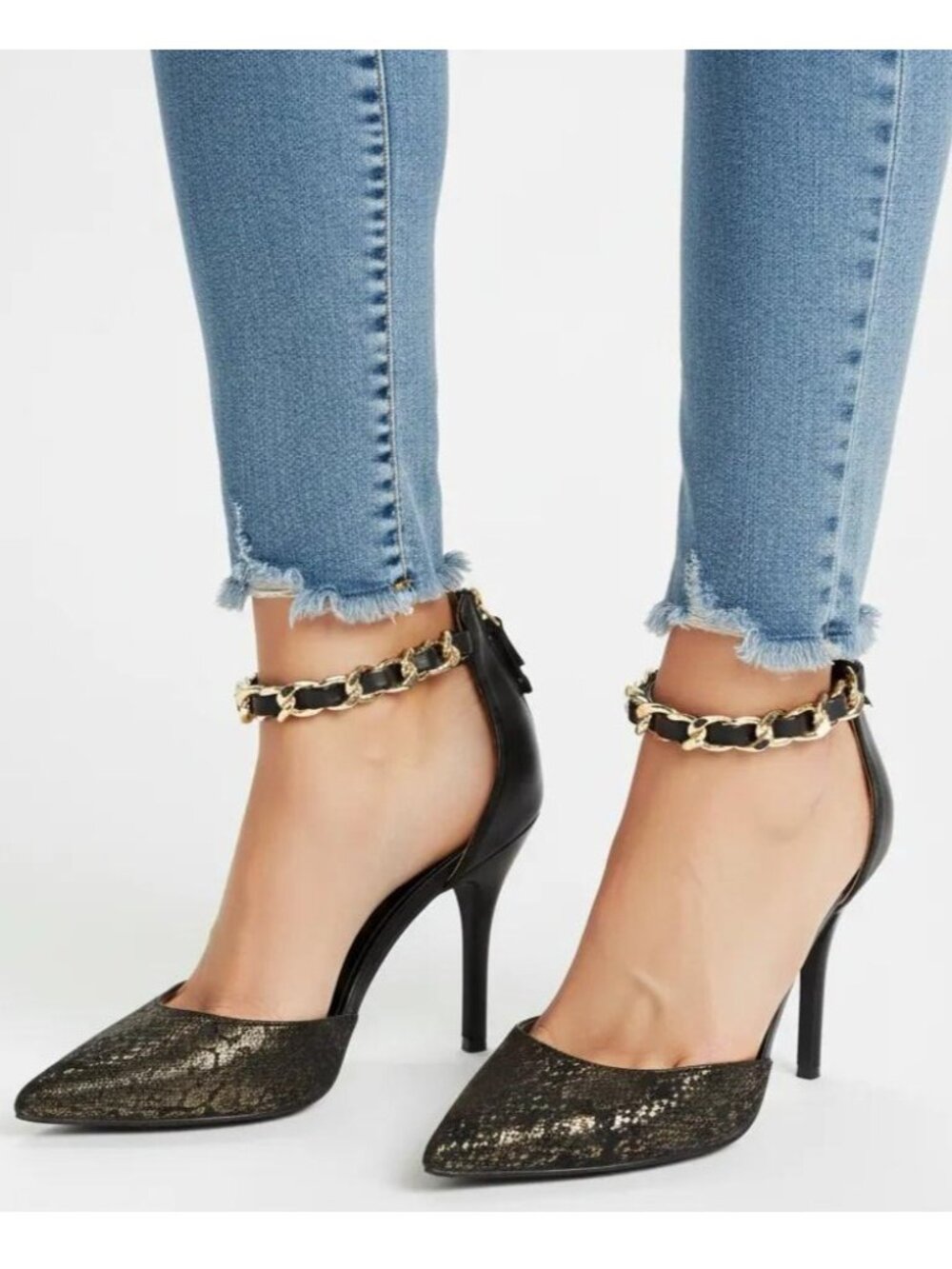 Sam & Libby Black/Gold Snake Print Ankle Chain Stiletto Heels Pumps Women's Sz 8